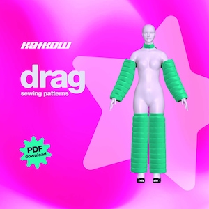 May include: A digital illustration of a white mannequin wearing a green puffer jacket and pants. The text "KATKOW drag sewing patterns PDF download" is in the background.