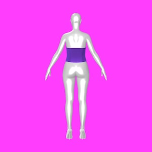 May include: A white mannequin wearing a purple corset. The mannequin is standing on a pink background.