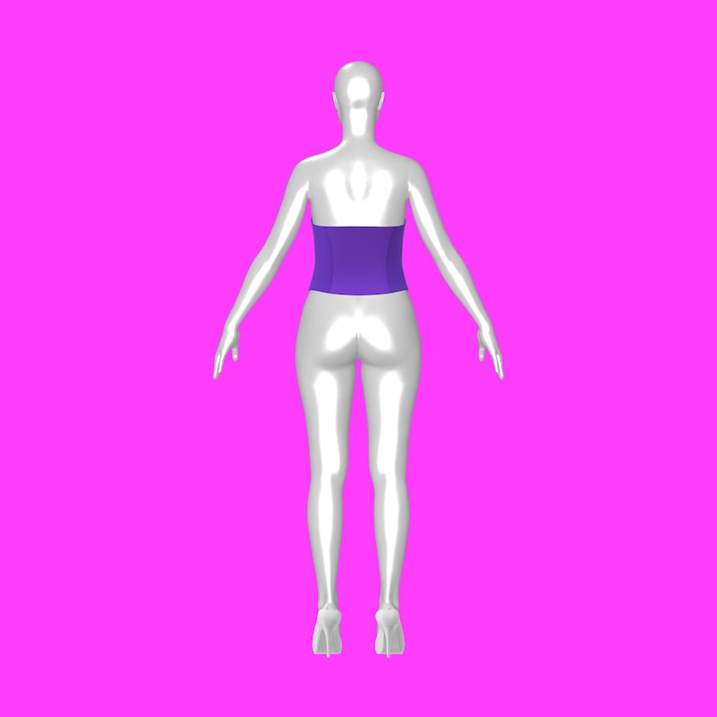 May include: A white mannequin wearing a purple corset. The mannequin is standing on a pink background.