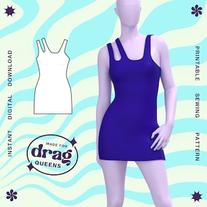 May include: Printable sewing pattern for a blue sleeveless mini dress with a cut-out detail on the straps. The pattern is made for drag queens and is available for instant digital download.