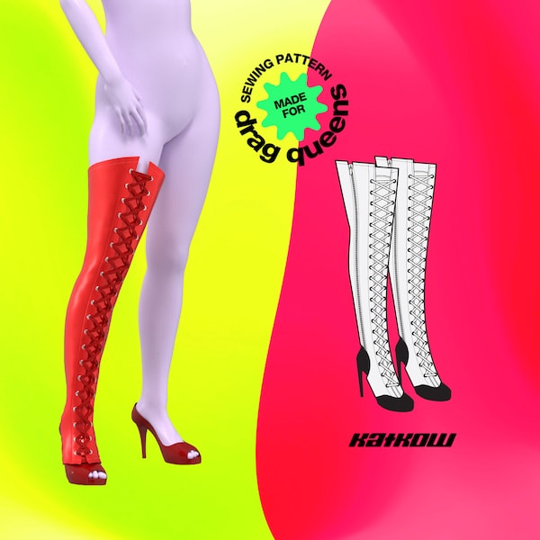 Lace-Up Thigh High Heel Spats Sewing Pattern (Sizes S-4X)  - PDF - Drag Queen Costume, Cosplay Boots