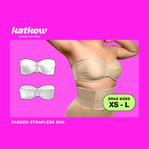May include: A beige padded strapless bra and high-waisted bottom. The image includes a diagram of the bra design and the text "DRAG SIZES XS-L". The brand name "katkow" is at the top of the image.