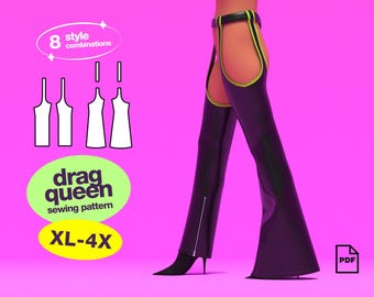 Garter Chaps Sewing Pattern (XL-4X) For Drag Queens Costume Bell Bottoms Straight Leg Pants Rave Festival Western Costume Leather