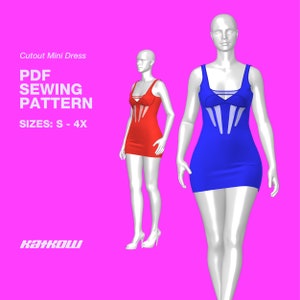 May include: PDF sewing pattern for a cutout mini dress. The pattern is available in sizes S - 4X. Two mannequins are wearing the dress in red and blue.