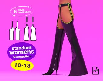 Garter Chaps Sewing Pattern (10-18) For Women's Costume Bell Bottoms Straight Leg Pants Rave Festival Western Costume Leather