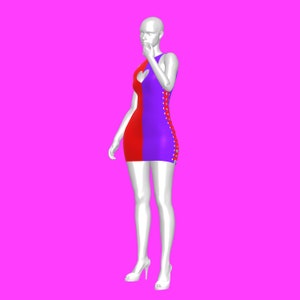 Puede incluir: Un maniqu&iacute; con un vestido corto y ajustado con un dise&ntilde;o de bloques de color rojo y azul. El vestido tiene un corte en forma de coraz&oacute;n en la parte delantera y cordones rojos en los lados.