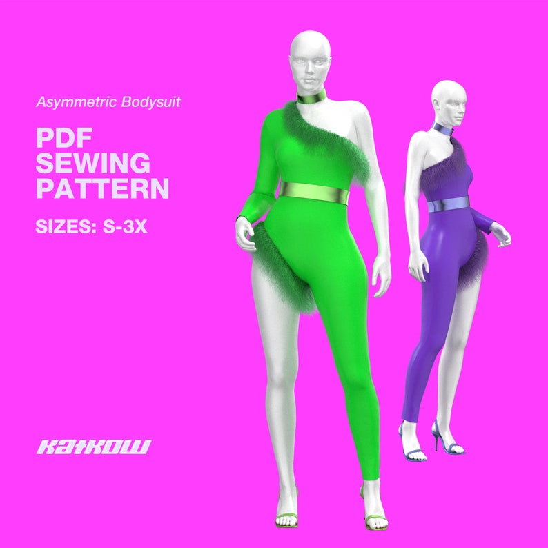 Asymmetric One Legged Bodysuit (Sizes S -3X) - PDF DOWNLOAD - Drag Queen Costume, Rave Bodysuit, Bodysuit pattern 