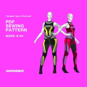 May include: PDF sewing pattern for a paneled sport bodysuit. The pattern is available in sizes S-4X. Two mannequins are wearing the bodysuit in different color combinations: black and yellow, and red and purple.