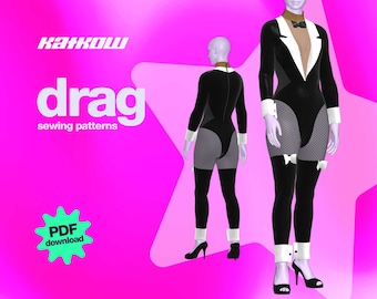 Tuxedo Catsuit Sewing Pattern (Sizes XS - 4X) - PDF DOWNLOAD - Drag Queen Costume Jumpsuit Bodysuit Leotard