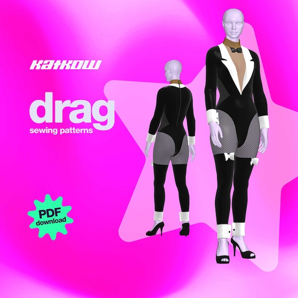 Tuxedo Catsuit Sewing Pattern (Sizes XS - 4X) - PDF DOWNLOAD - Drag Queen Costume Jumpsuit Bodysuit Leotard