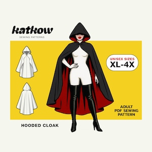 May include: Illustration of a hooded cloak sewing pattern. The cloak is black with a red lining, and the pattern includes unisex sizes XL-4X. The image also shows a drawing of the cloak in white.