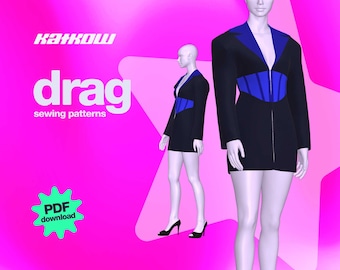 Blazer Dress Sewing Pattern (Sizes XS - 4X) - PDF DOWNLOAD - Drag Queen Costume, Mini Dress, Black Dress, 80s Dress