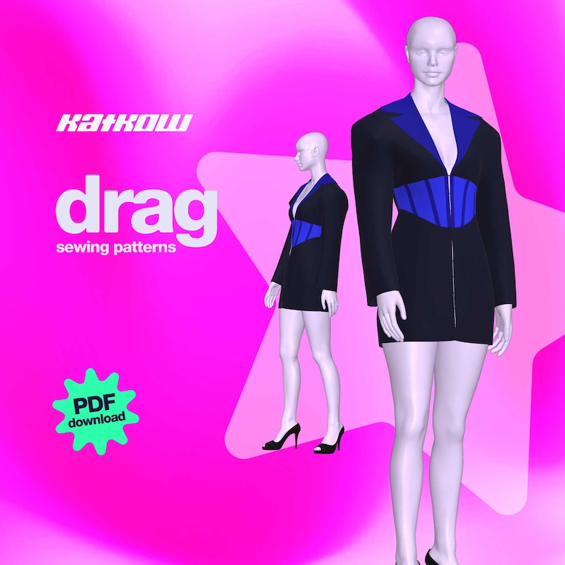 Peut inclure: Illustration num&eacute;rique de deux mannequins portant une mini-robe noire avec un corset bleu et un col bleu. Le texte "KATKOW drag sewing patterns" et "PDF download" est visible sur l'image.