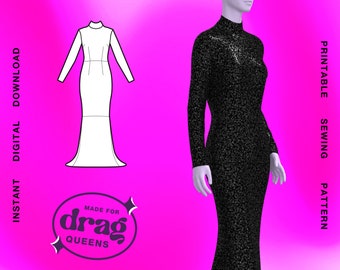 Drag Queen Gown Sewing Pattern (Sizes XS -4X) PDF Fashion Costume Wedding Bridal Prom Fantasy Goth Fairy Plus Size Dress Skirt Long Sleeve