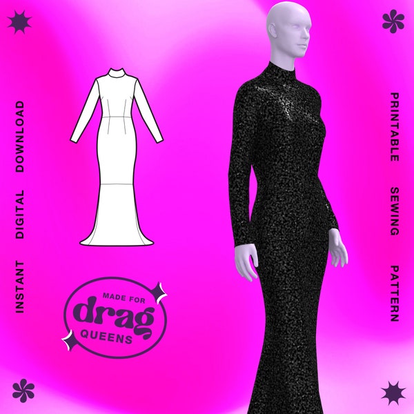 Drag Queen Kleid Schnittmuster (Größen XS -4X) PDF Mode Kostüm Hochzeit Braut Abschlussball Fantasy Goth Fairy Plus Size Kleid Rock Langarm