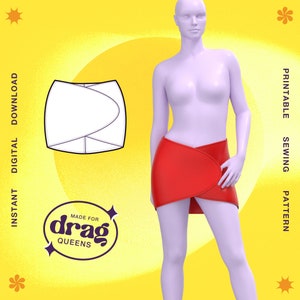 Könnte beinhalten: Ein druckbares Schnittmuster für einen roten Wickelrock. Das Schnittmuster ist für Drag Queens gemacht und als sofortiger digitaler Download erhältlich.