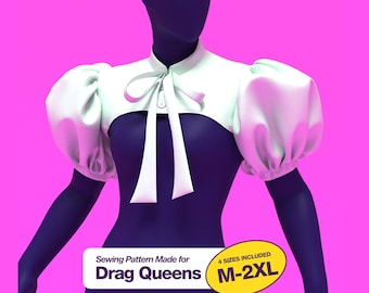 Puff Bow Cropped Top (M-2XL) Sewing Pattern For Drag Queens Halloween Vintage Shirt Collar Sleeve Shrug