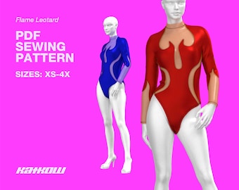 Flame Cutout Leotard Sewing Pattern (Sizes XS - 4X) - PDF DOWNLOAD - Drag Queen Costume, Rave Bodysuit, Latex Bodysuit, Bodysuit Pattern