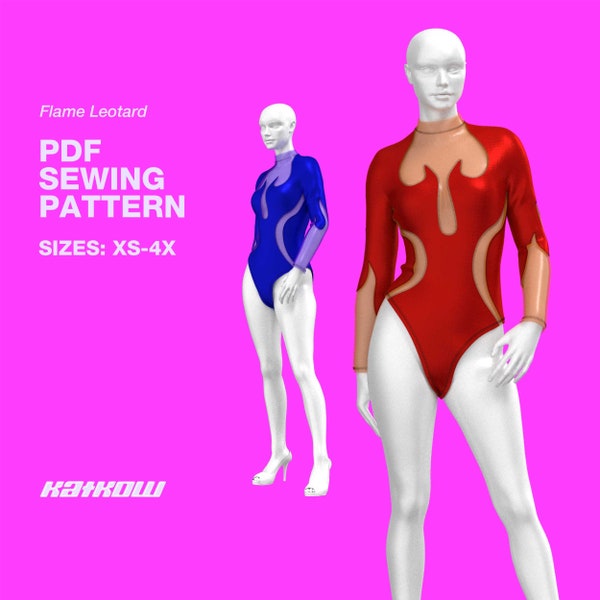 Flame Cutout Leotard Sewing Pattern (Sizes XS - 4X) - PDF DOWNLOAD - Drag Queen Costume, Rave Bodysuit, Latex Bodysuit, Bodysuit Pattern