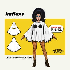 May include: Illustration of a person wearing a white ghost poncho costume with black eye holes and a jagged hemline. The image includes the text "GHOST PONCHO COSTUME" and "UNISEX SIZE M-L-XL". The background is yellow.