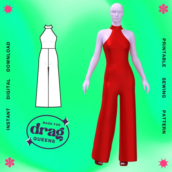 Drag Queen Jumpsuit Sewing Pattern (Sizes XS -4X) PDF Fashion Costume Rave Sexy Bodysuit Catsuit Latex Plus Size Sleeveless