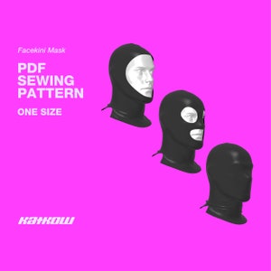May include: Black facekini masks displayed on white mannequin heads against a bright pink background. The text "Facekini Mask", "PDF SEWING PATTERN", and "ONE SIZE" are visible. The Katkow logo is at the bottom.