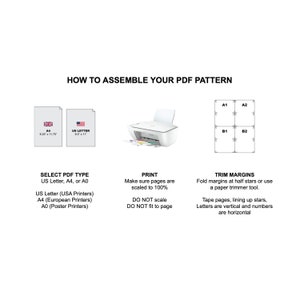 Peut inclure: Diagramme montrant comment assembler un patron PDF. Le diagramme montre les diff&eacute;rentes tailles de papier, une imprimante et une grille avec des instructions sur la fa&ccedil;on de couper les marges. Le texte indique : "COMMENT ASSEMBLER VOTRE MOD&Egrave;LE PDF", "S&Eacute;LECTIONNER LE TYPE DE PDF", "Lettre US, A4 ou A0", "Lettre US (Imprimantes am&eacute;ricaines)", "A4 (Imprimantes europ&eacute;ennes)", "A0 (Imprimantes de posters)", "IMPRIMER", "Assurez-vous que les pages sont mises &agrave; l'&eacute;chelle &agrave; 100 %", "NE PAS mettre &agrave; l'&eacute;chelle", "NE PAS ajuster &agrave; la page", "COUPE DES MARGES", "Pliez les marges au niveau des demi-&eacute;toiles ou utilisez un massicot.", "Coller les pages en alignant les &eacute;toiles, les lettres sont verticales et les chiffres sont horizontaux."