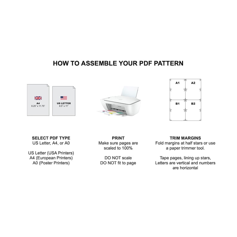 Peut inclure: Diagramme montrant comment assembler un patron PDF. Le diagramme montre les diff&eacute;rentes tailles de papier, une imprimante et une grille avec des instructions sur la fa&ccedil;on de couper les marges. Le texte indique : "COMMENT ASSEMBLER VOTRE MOD&Egrave;LE PDF", "S&Eacute;LECTIONNER LE TYPE DE PDF", "Lettre US, A4 ou A0", "Lettre US (Imprimantes am&eacute;ricaines)", "A4 (Imprimantes europ&eacute;ennes)", "A0 (Imprimantes de posters)", "IMPRIMER", "Assurez-vous que les pages sont mises &agrave; l'&eacute;chelle &agrave; 100 %", "NE PAS mettre &agrave; l'&eacute;chelle", "NE PAS ajuster &agrave; la page", "COUPE DES MARGES", "Pliez les marges au niveau des demi-&eacute;toiles ou utilisez un massicot.", "Coller les pages en alignant les &eacute;toiles, les lettres sont verticales et les chiffres sont horizontaux."