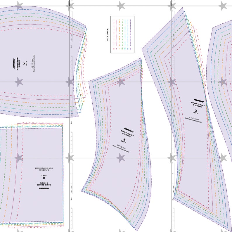 May include: A sewing pattern for a round corset and a pointy corset. The pattern includes multiple sizes and is printed on a white background with a light purple overlay. The pattern is labeled "Round Corset & Pointy" and "Cut 1" and "Cut 2".