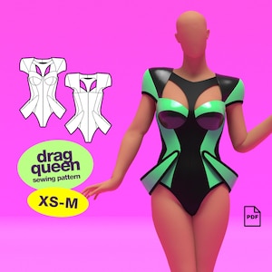 May include: A sewing pattern for a drag queen costume. The pattern is for sizes XS-M. The pattern is shown next to a 3D model of a person wearing a black and green costume. The costume has a cut-out design and a high-waisted skirt. The text "drag queen sewing pattern" and "XS-M" is visible in the image.