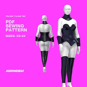 May include: A PDF sewing pattern for a corset set, featuring a black corset with a lace-up back, matching thigh-high stockings, and a choker. The pattern is available in sizes XS-4X. The text "Rocket Corset Set" and "PDF SEWING PATTERN" is displayed on a pink background.