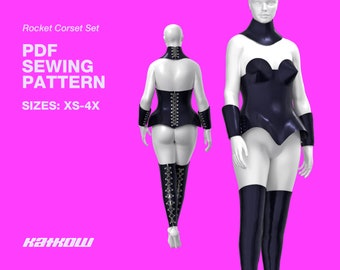 Set - Rocket Corset Sewing Pattern (Sizes XS - 4X) - PDF DOWNLOAD - Drag Queen Costume, Neck Corset, Arm Cuffs, Cone Bra, Dominatrix Outfit