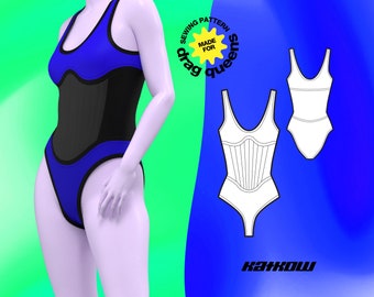 Stretch Colorblock Corset Bodysuit Sewing Pattern (Sizes XS-4X) - PDF Drag Queen Costume Leotard Gymnastics