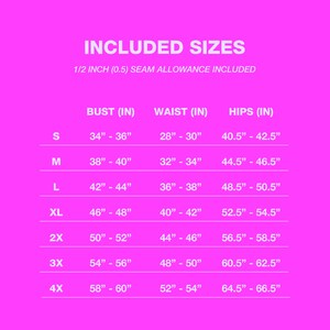 Puede incluir: Un gr&aacute;fico que muestra las medidas de busto, cintura y cadera en pulgadas para las tallas S a 4X. El gr&aacute;fico incluye una tolerancia de costura de 1/2 pulgada (0,5).