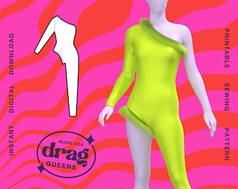 May include: A printable sewing pattern for a one-piece garment with a long sleeve and a fur trim. The garment is lime green and the pattern is on a pink background with the text "Made for Drag Queens".