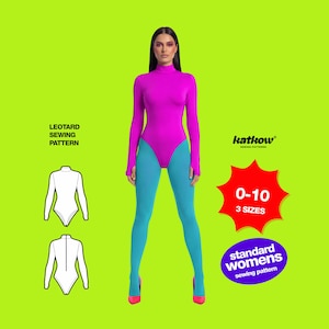 May include: A magenta long-sleeved leotard with turquoise tights and pink heels. The image includes a sewing pattern illustration and text that reads "LEOTARD SEWING PATTERN", "katkow", "0-10 3 SIZES", and "standard womens sewing pattern".