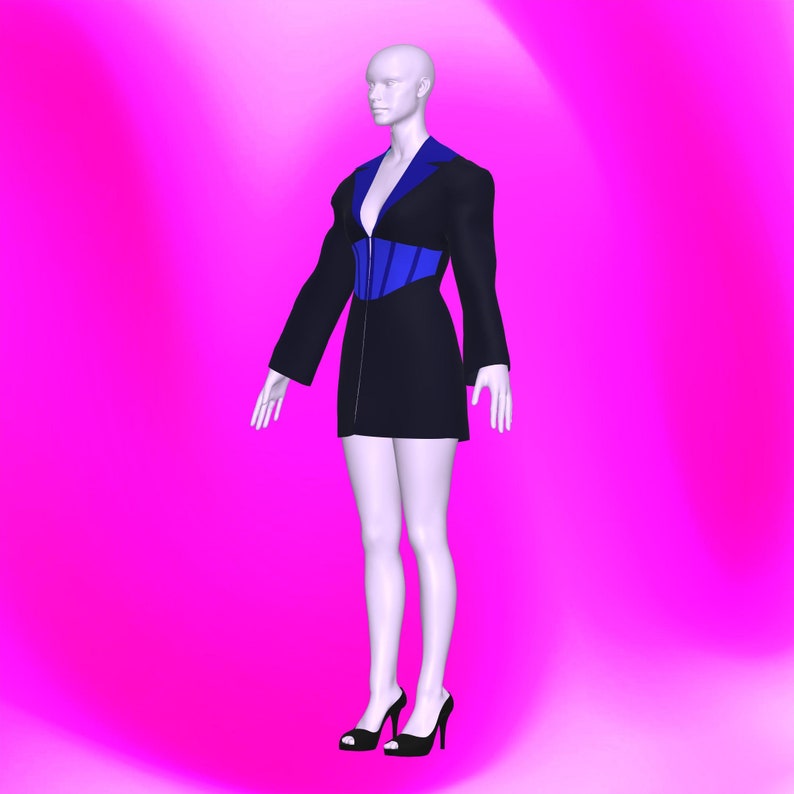 Peut inclure: Une mini-robe noire avec un d&eacute;tail de corset bleu et un d&eacute;collet&eacute; en V. La robe est port&eacute;e par un mannequin sur un fond rose.