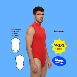 Puede incluir: Un leotardo rojo sin mangas con cuello alto se muestra en una persona. La imagen incluye el texto "SLEEVELESS LEOTARD SEWING PATTERN", la marca "katkow", y una estrella amarilla con "M-2XL 4 SIZES" y un óvalo azul con "Mens sewing pattern".