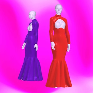 May include: Two mannequins wearing long, form-fitting dresses. The dress on the left is a vibrant purple, while the dress on the right is a bold red. Both dresses feature a unique heart-shaped cutout at the chest.