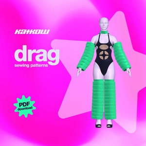 May include: A digital illustration of a drag queen wearing a black swimsuit with a large circle design and green puffy sleeves and leggings. The text "drag sewing patterns" and "PDF download" are also included in the image.