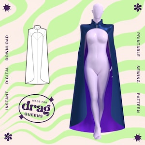 May include: A printable sewing pattern for a cape with a high collar and a purple lining. The cape is dark blue and has a snap closure at the neck. The pattern is made for drag queens.