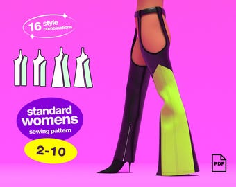Striped Garter Chaps Sewing Pattern (2-10) For Women's Costume Bell Bottoms Straight Leg Pants Rave Festival Western Costume Leather