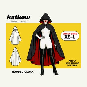 May include: A digital sewing pattern for a hooded cloak. The image shows a stylized illustration of a person wearing a black cloak with a red lining. The pattern includes unisex sizes XS-L. The Katkow Sewing Patterns logo is at the top.