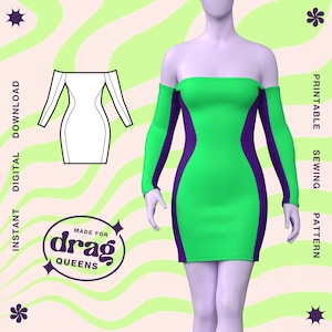 Mönster för klänning med avsmalnande axelband (XS-4X) PDF för drag queens bodycon mini stretch rave goth bralett