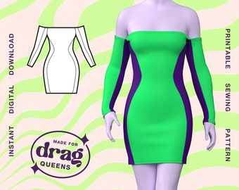 Patrón de costura de vestido con hombros descubiertos (XS-4X) PDF para Drag Queens Bodycon Mini Stretch Rave Goth Brat