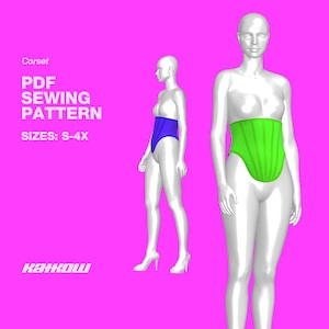 May include: A digital PDF sewing pattern for a corset, with sizes ranging from S to 4X. The image features a mannequin wearing a blue corset and a green corset. The text "Corset PDF Sewing Pattern" is displayed on a pink background.