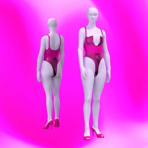 May include: A pink one-piece swimsuit with a high leg cut and a V-shaped neckline. The swimsuit has a shiny, metallic finish.