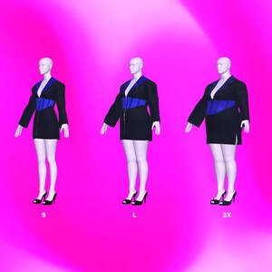 Peut inclure: Trois mannequins portant un blazer noir avec un corsage bleu de style corset. Les mannequins sont &eacute;tiquet&eacute;s S, L et 2X.