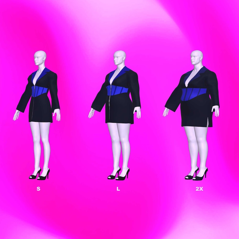 Peut inclure: Trois mannequins portant un blazer noir avec un corsage bleu de style corset. Les mannequins sont &eacute;tiquet&eacute;s S, L et 2X.
