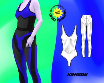 Set - Stretch Colorblock Bodysuit & Leggings Sewing Pattern (Sizes XS-4X) - PDF Drag Queen Costume